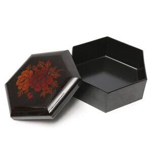 Vintage Hexagonal Floral Chinoiserie Style Trinket Jewelry Box Plastic Black Red
